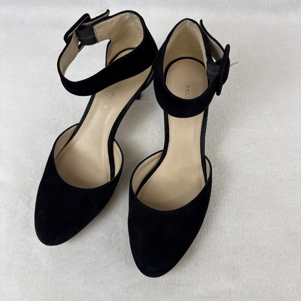 Pelle Moda Womens 7.5 M Almond Toe Ankle Buckle Strap Pump Black Suede 2" Heel